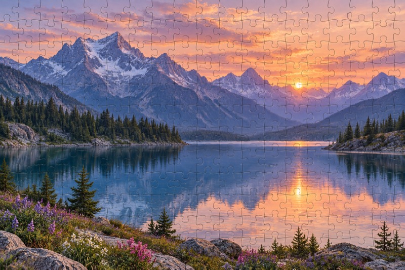 青紫の山と湖を描いたジグソーパズル